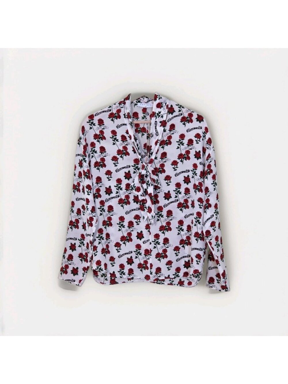 Sandro Paris Tie Neck Blouse M Ivory Red Rose Tattoo Print Silk French Chic Edgy